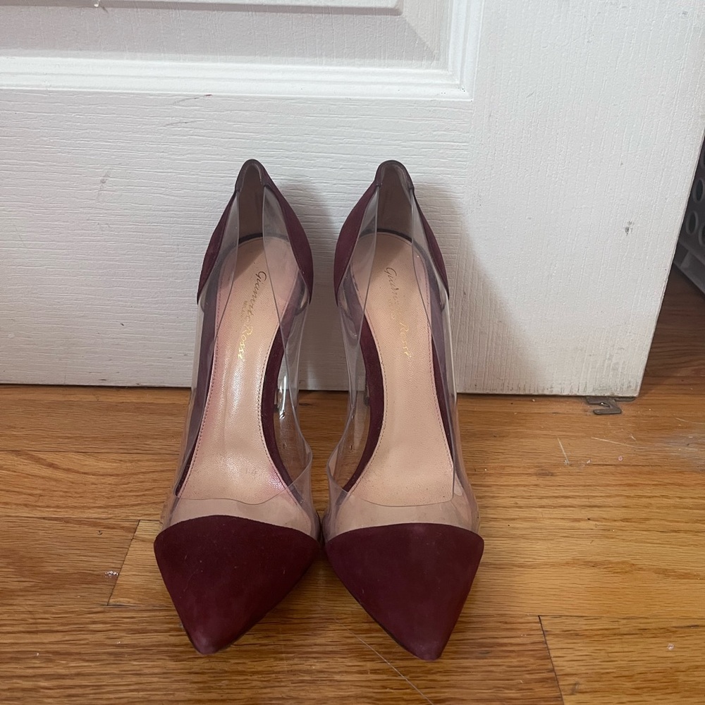 Gianvito Rossi Burgundy suede and pvc Plexi 85 pumps